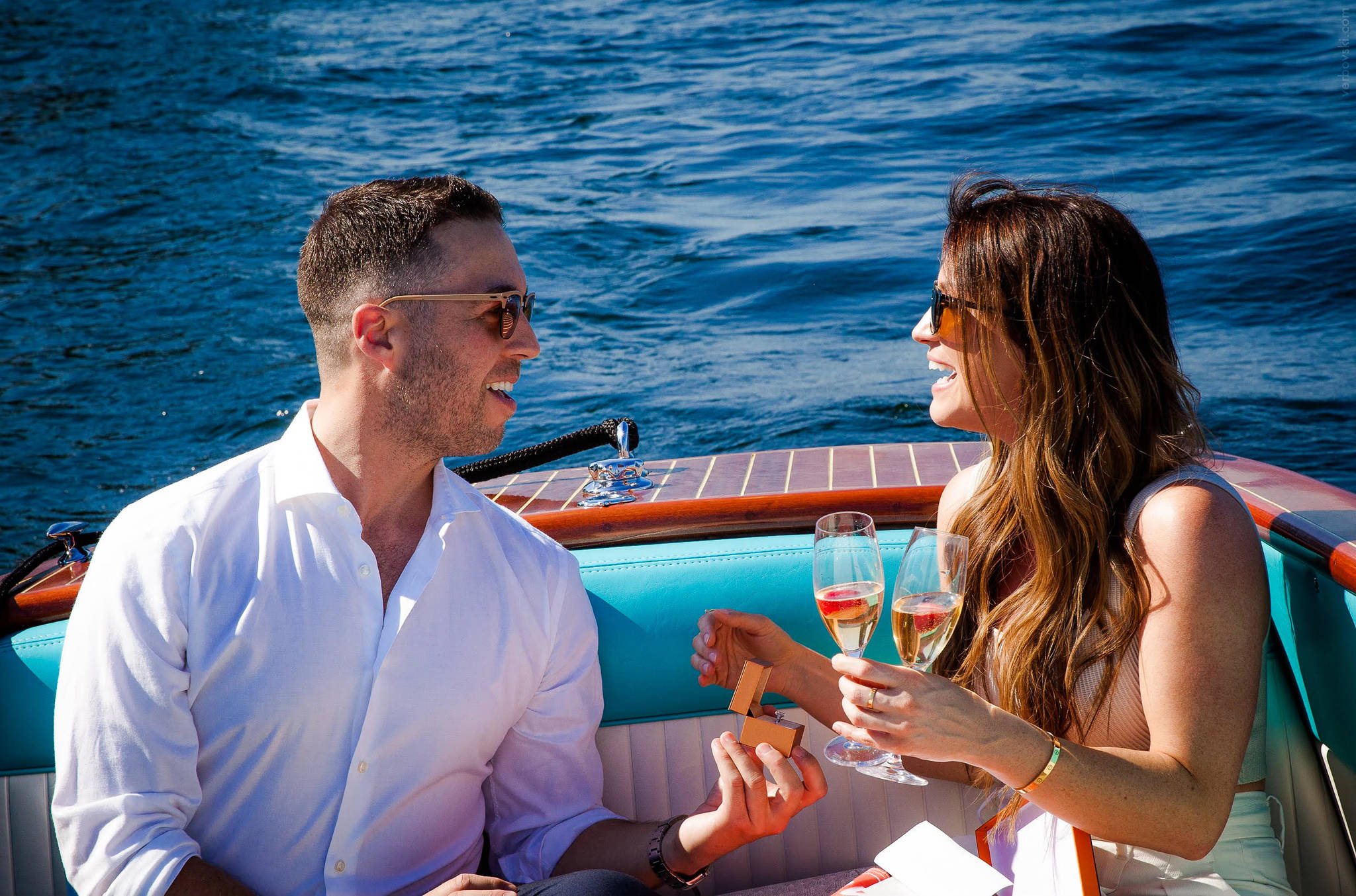 Andrew Hughes with Lauren Beard on the boat when he proposed to her in person.