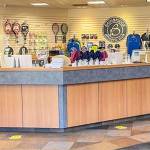 Athletic supplies are sold at this counter space.