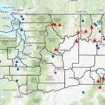 A map provided by the state Department of Natural Resources shows fires currently burning across Washington state. The red flame symbol represents a large fire, the blue squares represent a fire that started in the past 24 hours and the purple squares represent a fire that has been burning between 24 and 48 hours. (DNR map)