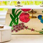 Vintage wooden handbag found in incinerator room trash pile in New York apartment building.