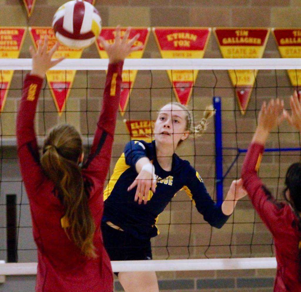 Isabelle Prentice scores a kill late in the match against Kingston. (Mark Krulish/Kitsap News Group)