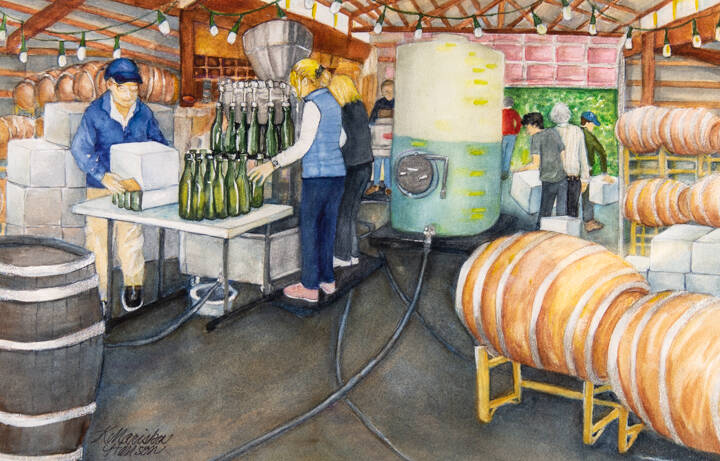Painting by Kaye Hansen, Bottling Time at the Winery.