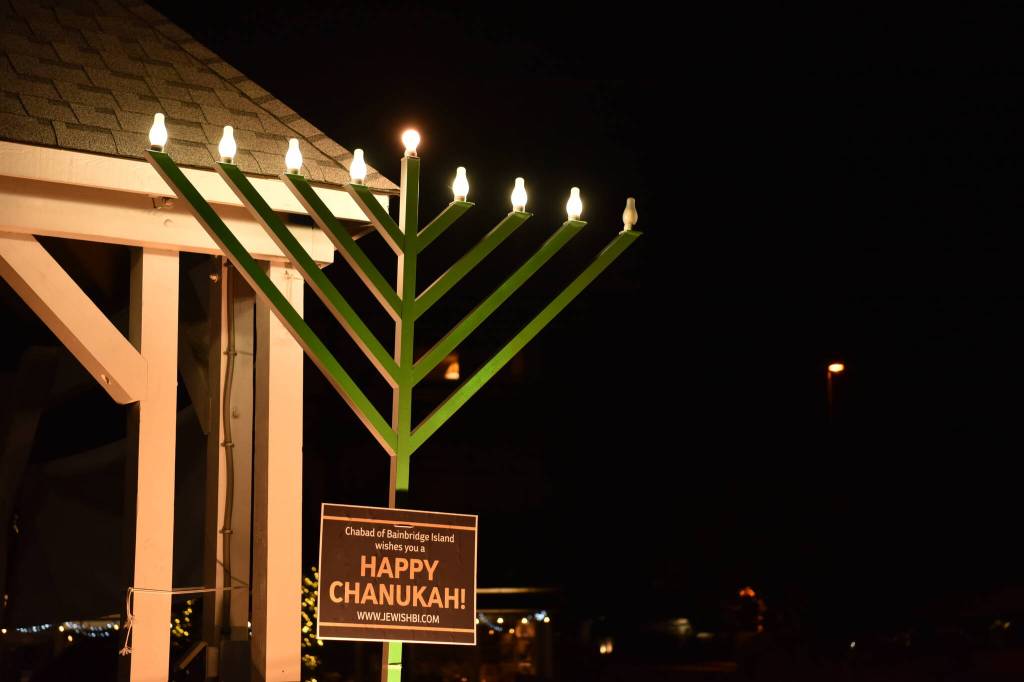 The Chabad Jewish Center of Bainbridge Island & North Kitsap Menorah at Winslow Green. Nancy Treder/Bainbridge Island Review.