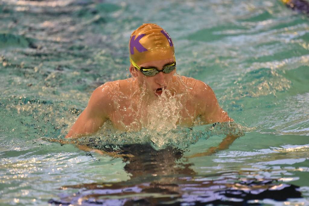 North Kitsap High School swimmer Justin Anderson competes in the 200 yard individual medley in a recent meet against Bainbridge Island. Nancy Treder/North Kitsap Herald photos