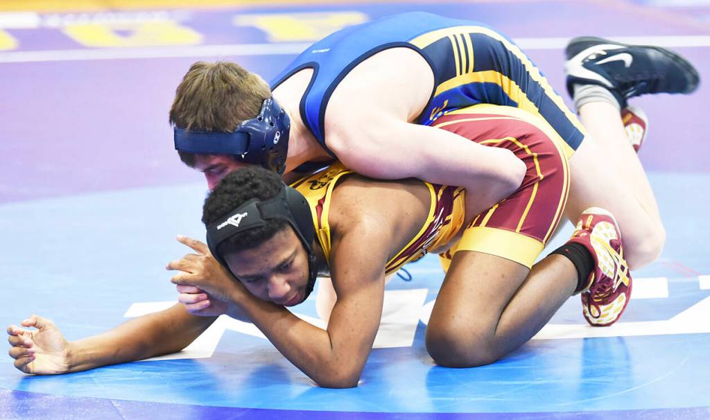 Harrison Cate of Bainbridge pinned Daeven Svan of Kingston in 38 seconds.