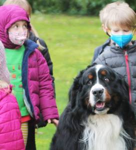 Students gather around the school mascot, Wyatt.