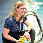 BHS water polo coach Kristin Gellert on deck at the Bainbridge Island Aquatic Center pool. Nancy Treder/Bainbridge Island Review photos