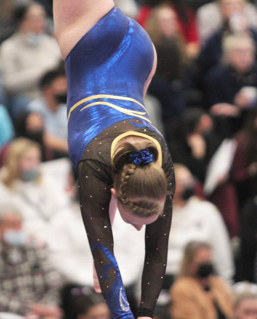 Steve Powell/Bainbridge Island Review photos
Avery Gray does a hand stand on the balance beam at state.