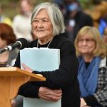 Survivor Frances Kitamoto Ikegami shares family memories Wednesday during the 80th anniversary of the Japanese American Exclusion that took place at Eagle Harbor Dock. Nancy Treder/Bainbridge Review