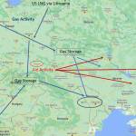 Map of Dale Perrys work in central Europe, blue arrows show LNG storage areas and red arrows show where humanitarian aid has been delivered into Ukraine. Dale Perry graphic