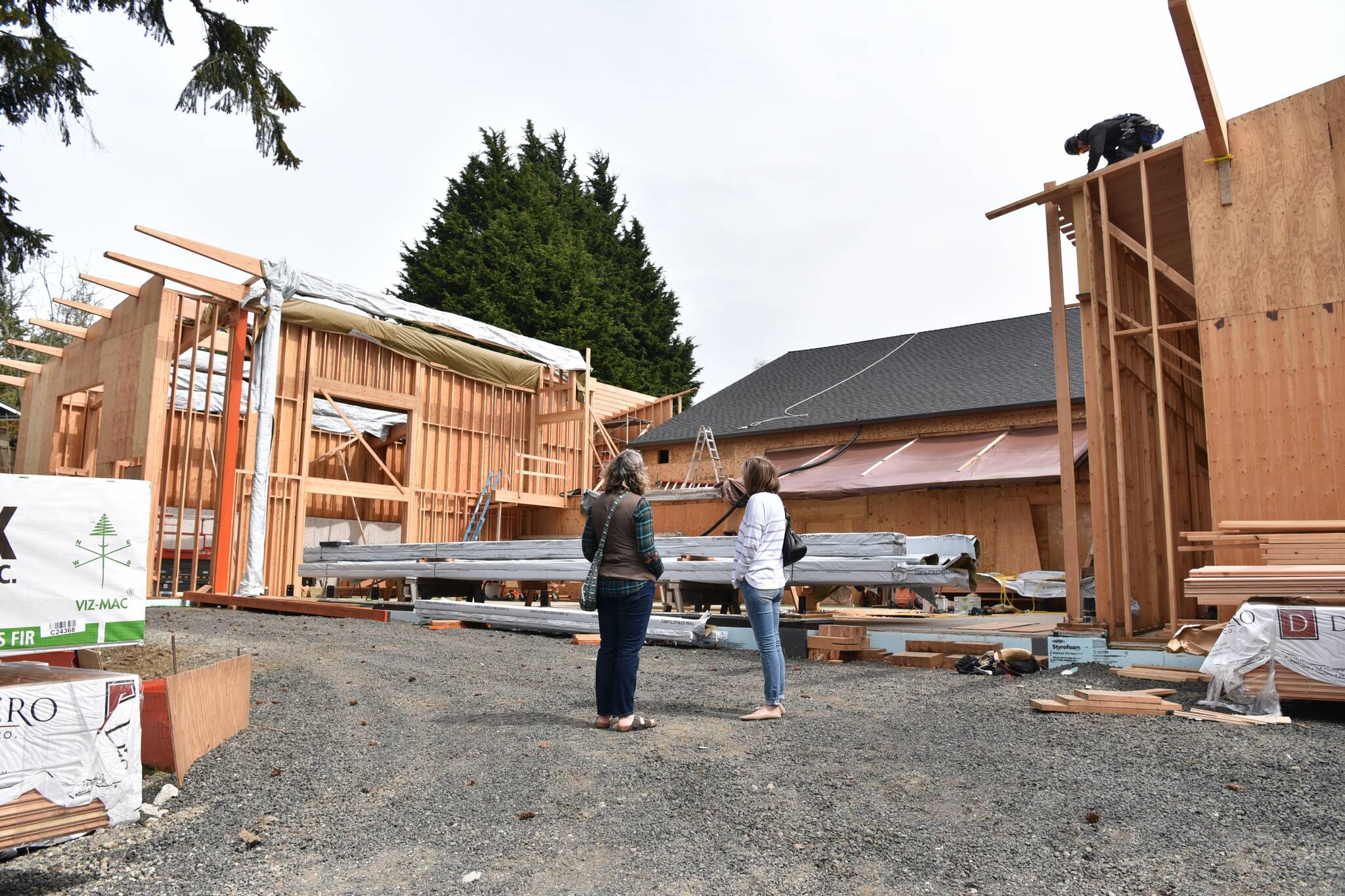 Nancy Treder / Bainbridge Island Review
Production manager Deirdre Hadlock and executive director Dominique Cantwell survey the continuing construction and remodel of the Bainbridge Performing Arts Buxton Center.