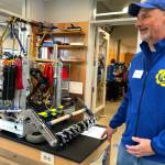 Professional mentor John Sachs introduces attendees to CHAOS, a robot built in 2019.