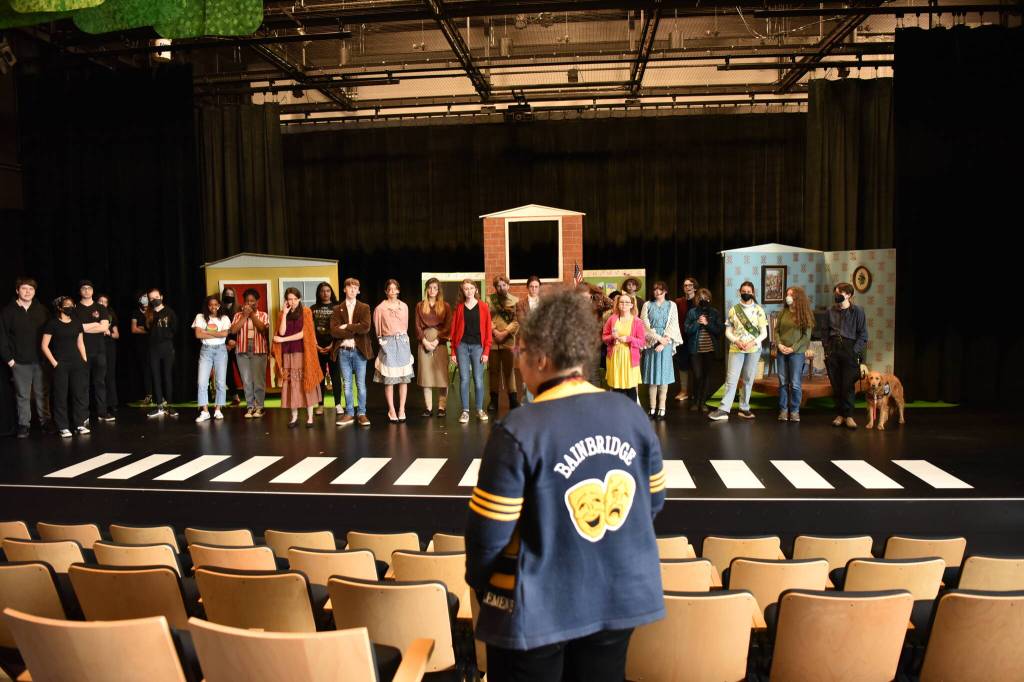 BHS theater teacher DArcy Clements speaking to the cast and crew before the show.