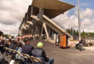 More than 150 people attended the rededication of the Veterans Memorial Monument at Bainbridge High School Monday. Nancy Treder/Bainbridge Review