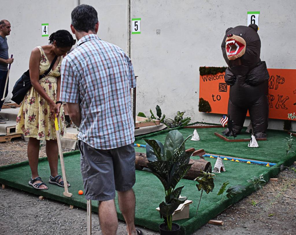 Shannon Campbell dressed up as a bear for Clark Constructions Camp Clark hole.