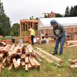 Volunteer Maureen McNulty pulls nails from repurposed lumber being used to build three tiny houses for the reHOME project at Morales Farm. The lumber is from the demolition of the old Harrison Medical Center, which is being converted into a police-court facility. The tiny homes will be used as living quarters for interns at the farm. McNulty is a teacher at Klahowya Secondary School in Silverdale. "I do what I can because we need a place for the interns, and we need more of them in farming to sustain ourselves." Nancy Treder/Bainbridge Island Review Photos