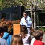 Superintendent Peter Bang-Knudsen welcomes Sakai fifth- and sixth-graders, alumni and special guests during the opening ceremony.