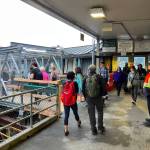 Bainbridge Island commuters board the ferry through a temporary walkway as construction crews prepare to dismantle the old walkway. Nancy Treder/Bainbridge Island Review Photos