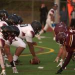 The defensive line for the South Kitsap Wolves anxiously awaits the snap of the football against Bethel. Elisha Meyer/Port Orchard Independent Photos