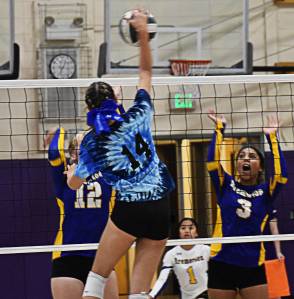 Teegan DeVries helped lead the Vikings to a second-set victory. Nicholas Zeller-Singh/Kitsap News Group Photos