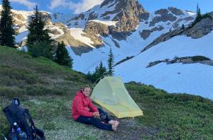 Keaton Blair camping in the snowy Cascade mountains this summer on his Pacific Crest Trail trek. Courtesy Photos