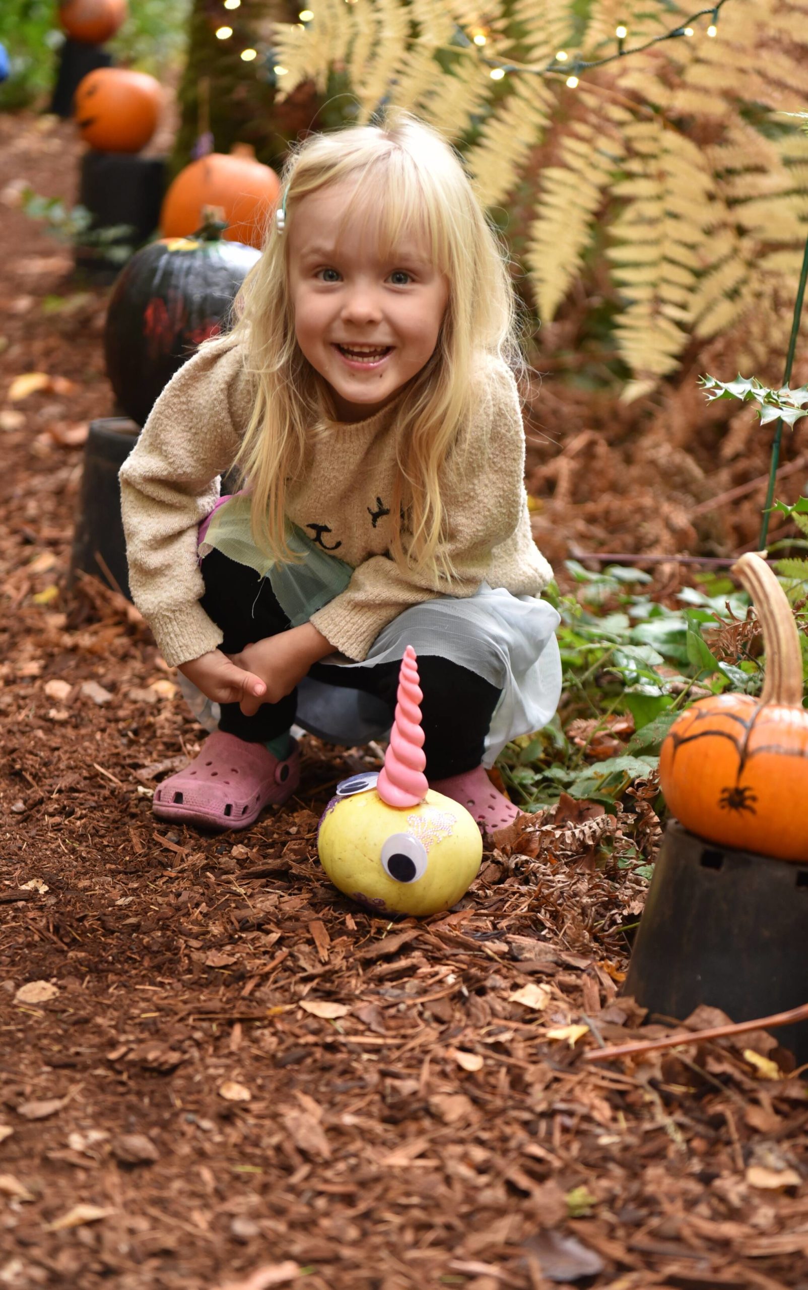 Lucy DeWitt finds a unicorn pumpkin on the trail at Bainbridge Gardens Oct. 23.