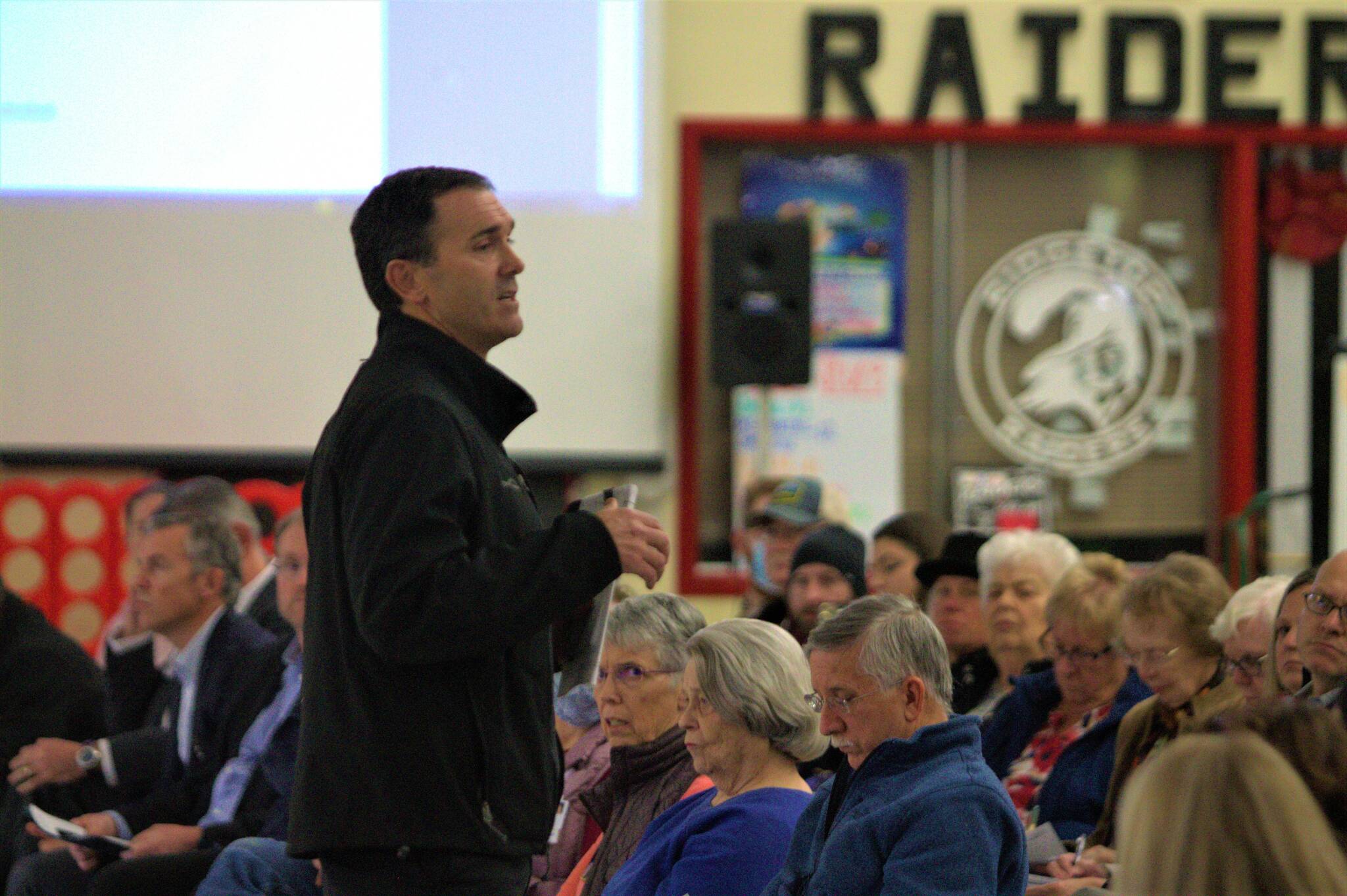 Central Kitsap fire chief Jay Christian addresses the public at the Community Council meeting. Elisha Meyer/Kitsap News Group