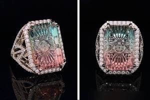 Bainbridge Island jeweler Robin Callahan Designs with a tri color tourmaline ring cut by Dalan Hargrave.