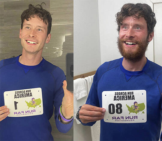 Greg Nance of Bainbridge Island at the start and end of his run.