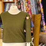 Army green seersucker cotton Scout tee, made at Esther's Fabrics using a pattern by Grainline Studio. Handwoven sleeves by Norn Goods (on Bainbridge Island). Courtesy Esther's Fabrics