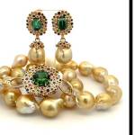 When Callahan spotted this 42 mm Baroque Pearl (left) she immediately saw the flower bud and leaves, and is planning a pendant and pin. Gold Baroque Pearls (center) with a removable pendant and matching earrings. Faceted Peacock Pearls (right) show off a range of colors including teal, mauve black and gold.