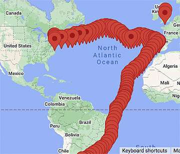 The sailing route Harry Anderson has taken so far.