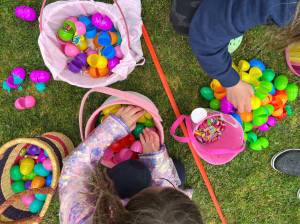 Two dashers crack and sort their eggs to separate the candy and recycle the plastic eggs for next year. Nancy Treder/Kitsap News Group Photos