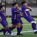 Diego DeLuna and the North Kitsap Vikings celebrate after scoring a goal. Nicholas Zeller-Singh/Kitsap News Group Photos