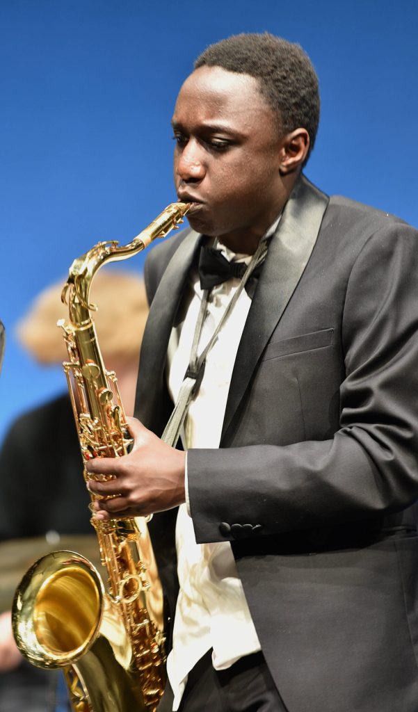 Lake Stevens High School sophomore Pheneous Ruji plays the tenor saxophone in the All-Star Jazz Band during the Puget Sound Jazz Festival at Bainbridge High School.