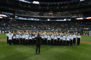 Seattle Mariners courtesy photo
The Sakai Intermediate School choir of Bainbridge Island performs the national anthem at the Seattle Mariners baseball game April 17.