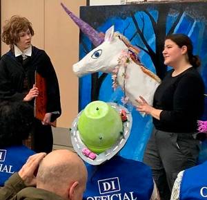 Family courtesy photo
The Bainbridge High School team of Claire Ross, left, and Kate Pellegrino competed in the Destination Imagination world finals in Kansas City, MO. Their play featured Harry Potter and wandmaker Ollivander, shown here during a preliminary competition.