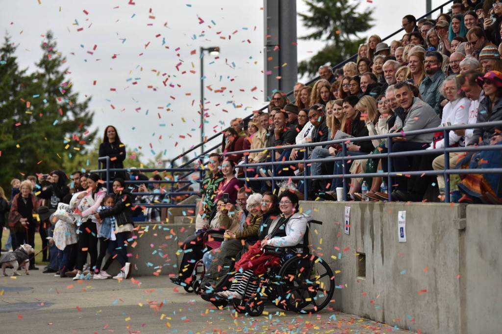 Confetti flutters through the air in recognition for one of the graduates during the ceremony.