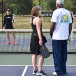 Madeleine Lapke teaches the rules of pickleball during the tour at the Founders Courts. Nicholas Zeller-Singh/Kitsap News Group Photos