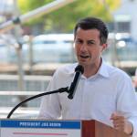 U.S. Secretary of Transportation Pete Buttigieg delivers remarks to a sizable crowd in Port Orchard. Elisha Meyer/Kitsap News Group Photos