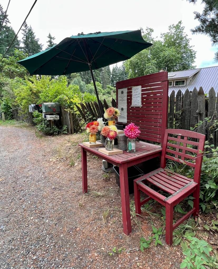 A chair awaits visitors at the Finn Hollow Flowers stand on Madison Avenue.