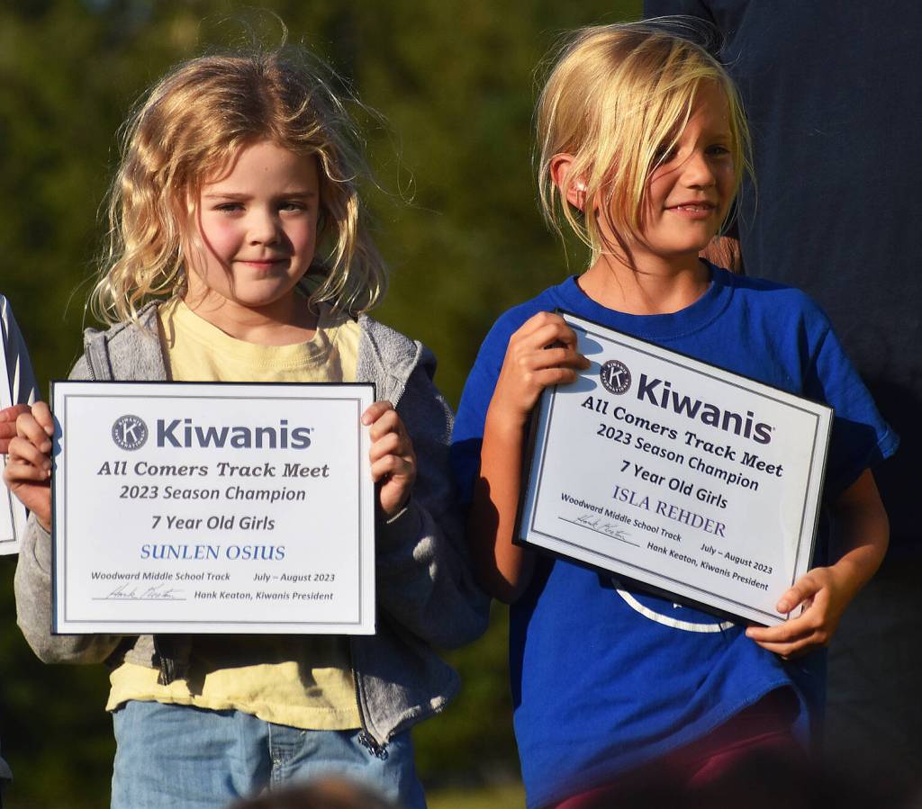 Sunlen Osius and Isla Rehder share the title as the best seven-year-old girl at the All-Comers Meet.