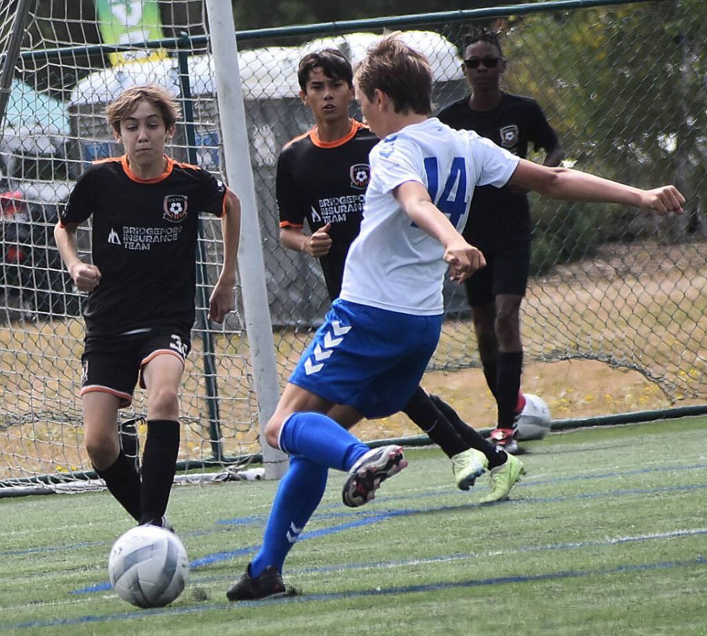 William Pitts shoots the first BIFC shot of the game with his left foot.