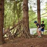 Children build a fort with sticks in the forest.
