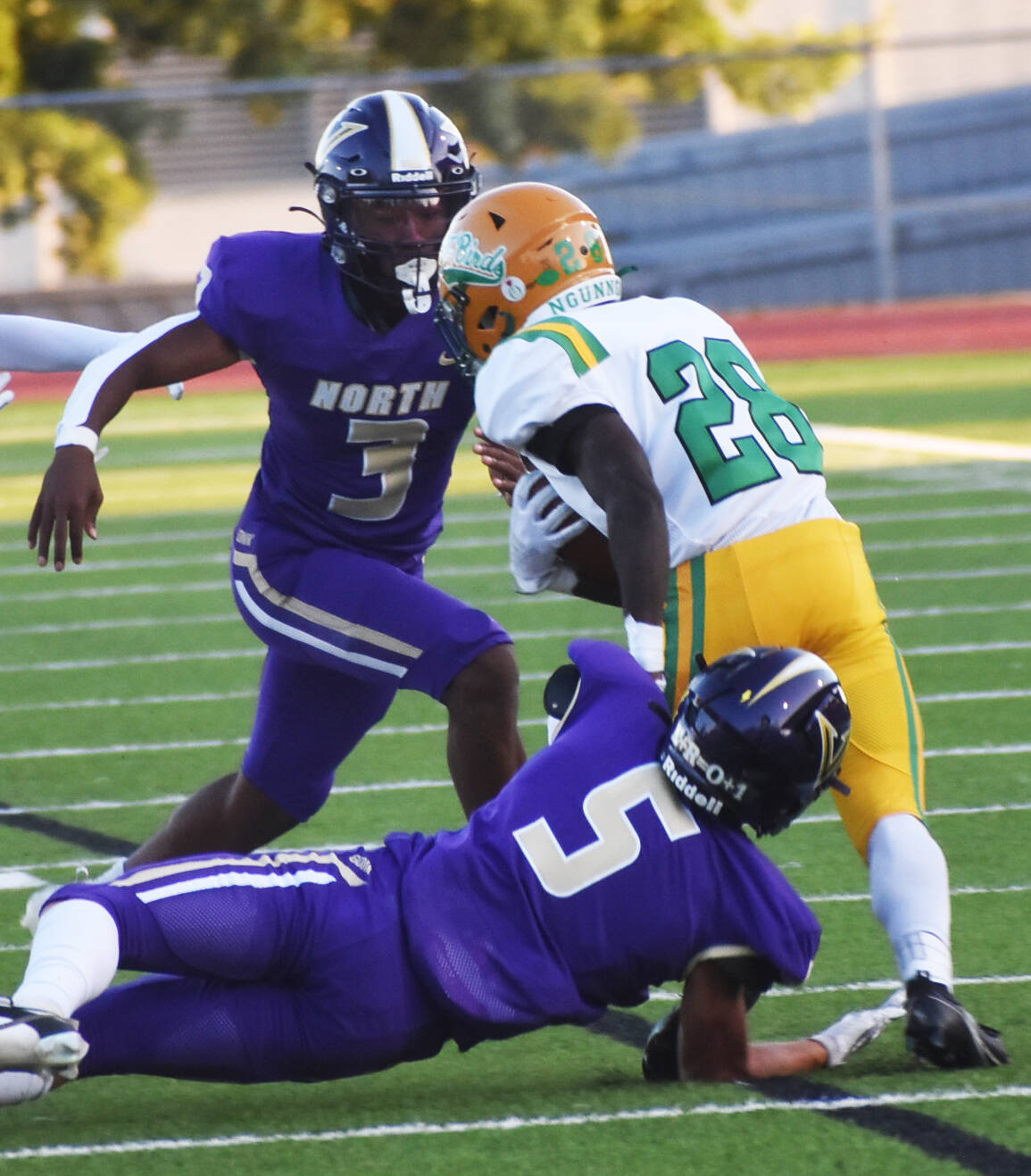 Vikings Morgan Paul and Cohen Meis make a tackle behind the line of scrimmage.