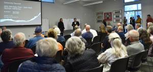 Nancy Treder/Kitsap News Group Photos
David Knight of Bainbridge Island and city manager Blair King speak at a community discussion on KKOL AM Radio Interference and electronic device malfunctions.