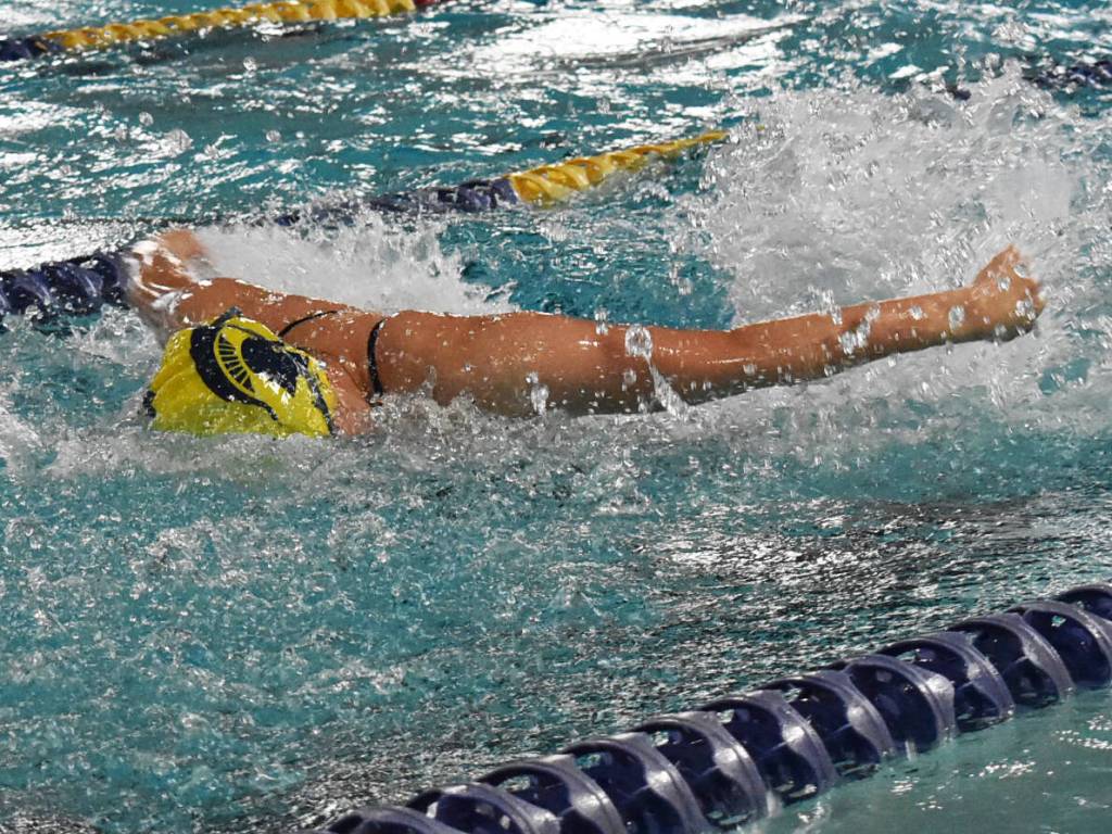 Iris Lin finishes fourth out of 29 swimmers in the 50-yard freestyle.