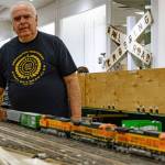 Frank Ralph marshals a set of locomotives and cars prior to running them on the HO line.