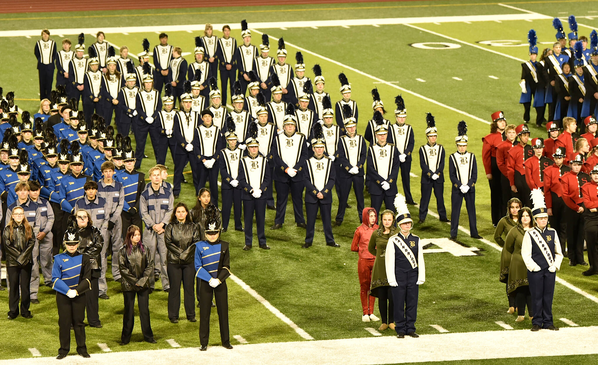 Nancy Treder/Kitsap News Group
The Bainbridge High School Marching Band stands in formation during the Puget Sound Festival of Bands final retreat Oct. 28 at Everett Memorial Field.
