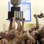Elisha Meyer/Kitsap News Group Photos
The Bainbridge Spartans hoist the championship trophy after beating Newport 12-6 in the title match.